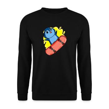 Pinguin als Skater mit Skateboard - Unisex Pullover - Schwarz - Vorne - Alina (178cm) & Michal (187cm)
