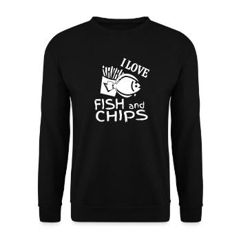 J'aime le poisson pané, les frites. Fish and chips - Sweat-shirt Unisexe - noir - Devant - Alina (178cm) & Michal (187cm)