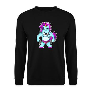 Einhorn mit Pistole - Unisex Pullover - Schwarz - Vorne - Alina (178cm) & Michal (187cm)