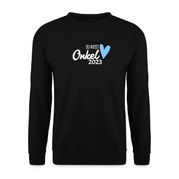 Onkel 2023 - Schwangerschaft verkünden Geschenk - Unisex Pullover - Schwarz - Vorne - Alina (178cm) & Michal (187cm)
