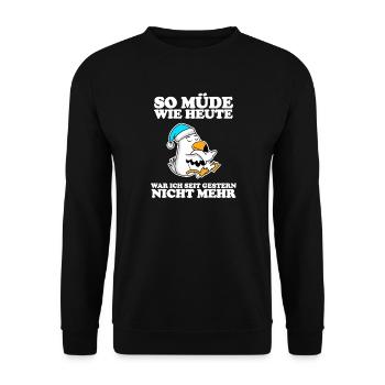 Müde Spruch lustig mit Möwe Motiv - Unisex Pullover - Schwarz - Vorne - Alina (178cm) & Michal (187cm)