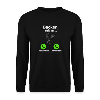 Backen ruft an - annehmen oder annehmen? - Unisex Pullover - Schwarz - Vorne - Alina (178cm) & Michal (187cm)
