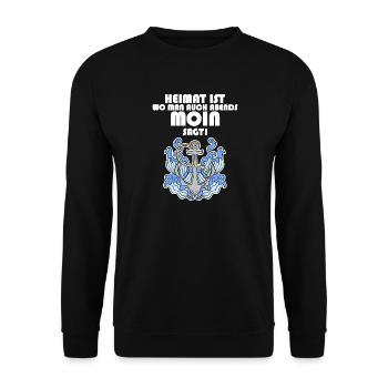 Anker Nordsee Plattdeutsch Spruch Moin - Unisex Pullover - Schwarz - Vorne - Alina (178cm) & Michal (187cm)