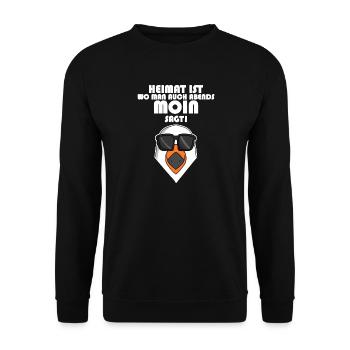 Plattdeutsch Spruch Moin Möwe Nordsee - Unisex Pullover - Schwarz - Vorne - Alina (178cm) & Michal (187cm)