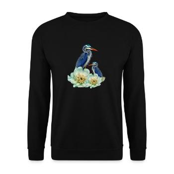 Der elegante Kranich mit Blumen - Unisex Pullover - Schwarz - Vorne - Alina (178cm) & Michal (187cm)