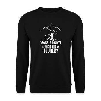 Was bringt dich auf Touren? - Unisex Pullover - Schwarz - Vorne - Alina (178cm) & Michal (187cm)