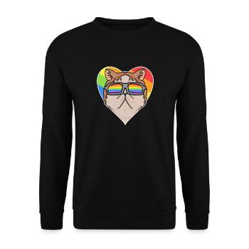 Regenbogen - Katze mit Brille und Herz - Unisex Pullover - Schwarz - Vorne - Alina (178cm) & Michal (187cm)