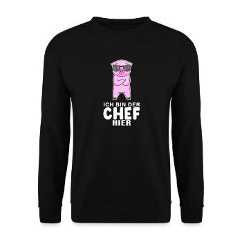 cooles Schwein Chef Spruch - Unisex Pullover - Schwarz - Vorne - Alina (178cm) & Michal (187cm)