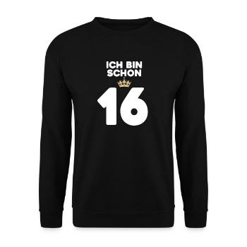 16. Geburtstag Geschenk - 16 Jahre mit Krone - Unisex Pullover - Schwarz - Vorne - Alina (178cm) & Michal (187cm)