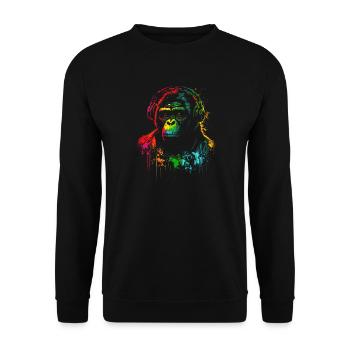 Regenbogen Gorilla Kopfhörer - Unisex Pullover - Schwarz - Vorne - Alina (178cm) & Michal (187cm)