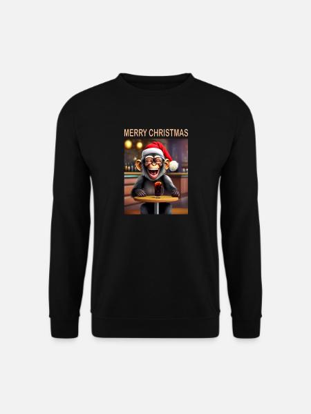Affe feiert Weihnachten mit Mütze und Getränk - Unisex Pullover - Schwarz