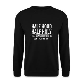 Halb Kapuze, halb heilig - Unisex Pullover - Schwarz - Vorne - Alina (178cm) & Michal (187cm)