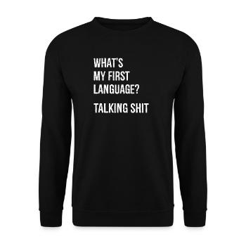 Was ist meine Muttersprache, die Scheiße redet, lustiges T-Shirt - Unisex Pullover - Schwarz - Vorne - Alina (178cm) & Michal (187cm)