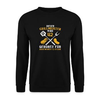Lustig Grillen Griller 42 Geburtstag Spruch - Unisex Pullover - Schwarz - Vorne - Alina (178cm) & Michal (187cm)