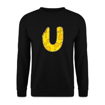 Buchstabe U - Anfangsbuchstabe U - Käse Motiv - Unisex Pullover - Schwarz - Vorne - Alina (178cm) & Michal (187cm)