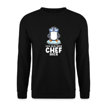 Chef Spruch Anführer Pinguin Motiv - Unisex Pullover - Schwarz - Vorne - Alina (178cm) & Michal (187cm)