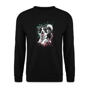 Lebensfroher Border Collie mit bunten Farbspritzer - Unisex Pullover - Schwarz - Vorne - Alina (178cm) & Michal (187cm)