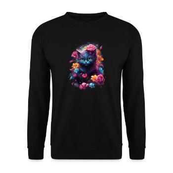 Süße Fantasy Katze in bunten Blumen - Unisex Pullover - Schwarz - Vorne - Alina (178cm) & Michal (187cm)