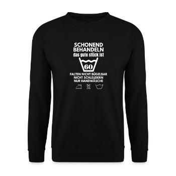 60. Geburtstag Pflegehinweis: schonend behandeln! - Unisex Pullover - Schwarz - Vorne - Alina (178cm) & Michal (187cm)
