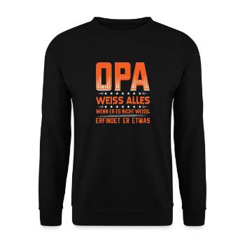 Opa weiß alles | Opa T-Shirt mit Lustigem Spruch - Unisex Pullover - Schwarz - Vorne - Alina (178cm) & Michal (187cm)