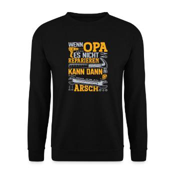 Opa Repariert alles | Geschenkidee zum Vatertag - Unisex Pullover - Schwarz - Vorne - Alina (178cm) & Michal (187cm)