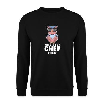 Chef Spruch Anführer Eule Motiv - Unisex Pullover - Schwarz - Vorne - Alina (178cm) & Michal (187cm)