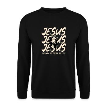 Jesus mit Dornenkrone Motiv - Unisex Pullover - Schwarz - Vorne - Alina (178cm) & Michal (187cm)