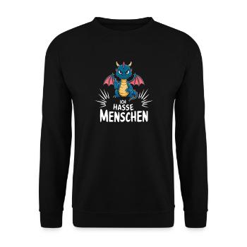 „Ich hasse Menschen“ – Frecher Drache mit Flügeln - Unisex Pullover - Schwarz - Vorne - Alina (178cm) & Michal (187cm)