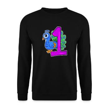 Zahl 1 Nummer Eins - Blauer Pfau Motiv - Unisex Pullover - Schwarz - Vorne - Alina (178cm) & Michal (187cm)
