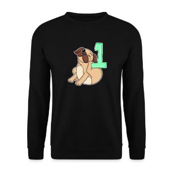 Zahl 1 Nummer Eins - Mops Hund Motiv - Unisex Pullover - Schwarz - Vorne - Alina (178cm) & Michal (187cm)