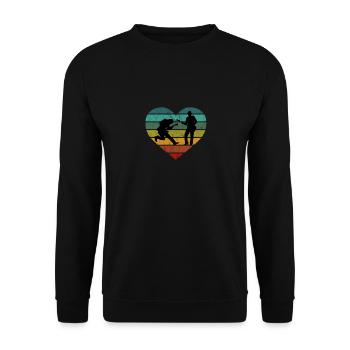 E-Gitarre Bass Herz Retro Silhouette - Unisex Pullover - Schwarz - Vorne - Alina (178cm) & Michal (187cm)
