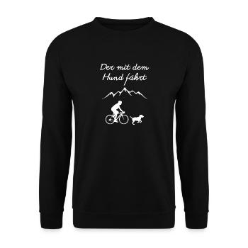 Radfahren mit Hund vor Bergen - Unisex Pullover - Schwarz - Vorne - Alina (178cm) & Michal (187cm)