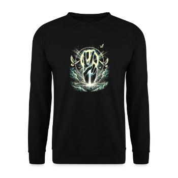 Leuchtendes Friedenszeichen - Peace Hand mit Taube - Unisex Pullover - Schwarz - Vorne - Alina (178cm) & Michal (187cm)