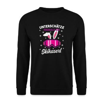 Unterschätze niemals ein Skihaserl - Unisex Pullover - Schwarz - Vorne - Alina (178cm) & Michal (187cm)
