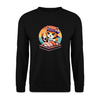 Sushi Master Cat mit Sunset mit Katana-Messer - Unisex Pullover - Schwarz - Vorne - Alina (178cm) & Michal (187cm)