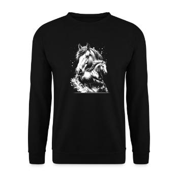 Weißes Pferd im Galopp als cooles Porträt - Unisex Pullover - Schwarz - Vorne - Alina (178cm) & Michal (187cm)