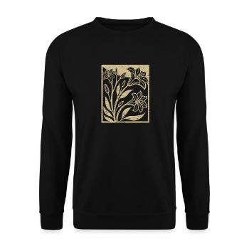 Lilien - Holzschnitt - Frühling - Sommer - Spruch - Unisex Pullover - Schwarz - Vorne - Alina (178cm) & Michal (187cm)