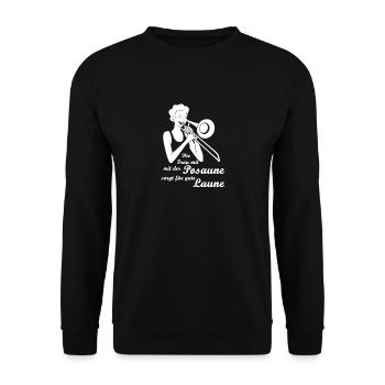 Die Frau mit der Posaune sorgt für gute Laune - Unisex Pullover - Schwarz - Vorne - Alina (178cm) & Michal (187cm)