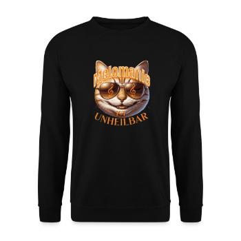 Melomanie ist unheilbar - Musiksüchtige Katze - Unisex Pullover - Schwarz - Vorne - Alina (178cm) & Michal (187cm)