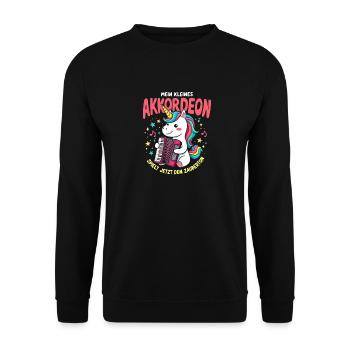 Mein kleines Akkordeon Einhorn spielt Zauberton - Unisex Pullover - Schwarz - Vorne - Alina (178cm) & Michal (187cm)