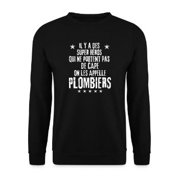 SUPERHELDEN KEINE KLEMPNER MIT UMHANG - Unisex Pullover - Schwarz - Vorne - Alina (178cm) & Michal (187cm)