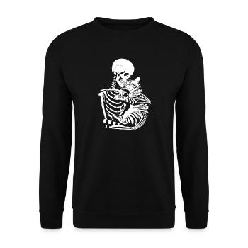 Skelett umarmt Katze - Unisex Pullover - Schwarz - Vorne - Alina (178cm) & Michal (187cm)