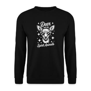 Hirsch mit Sonnenbrille und Spruch - Unisex Pullover - Schwarz - Vorne - Alina (178cm) & Michal (187cm)