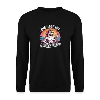 Die Lage Ist Besäufniserregend Einhorn Party Motiv - Unisex Pullover - Schwarz - Vorne - Alina (178cm) & Michal (187cm)