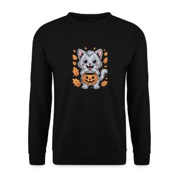 Halloween Kätzchen Mit Kürbis Und Herbstblättern - Unisex Pullover - Schwarz - Vorne - Alina (178cm) & Michal (187cm)