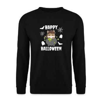 Pferd Happy Halloween Hexenkessel Fledermaus - Unisex Pullover - Schwarz - Vorne - Alina (178cm) & Michal (187cm)