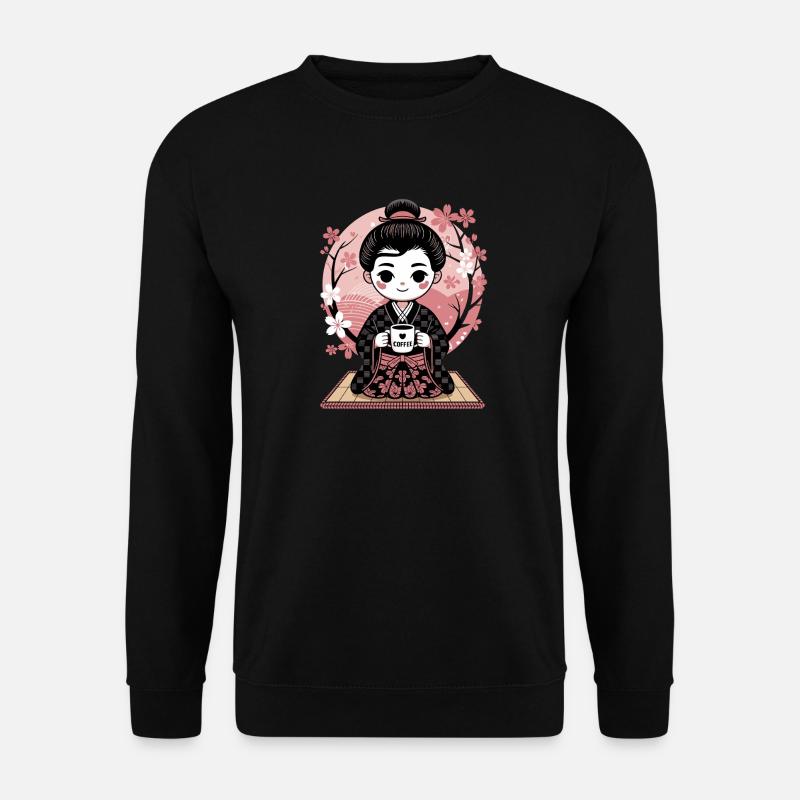 Kaffee und Kirschblüten Harmonie im Kimono - Unisex Pullover - Schwarz