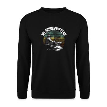 Mein Ruhestand Plan: Angler im Boot - Unisex Pullover - Schwarz - Vorne - Alina (178cm) & Michal (187cm)