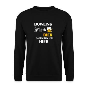 BOWLING UND BIER DARUM BIN ICH HIER Bowler Spruch - Unisex Pullover - Schwarz - Vorne - Alina (178cm) & Michal (187cm)