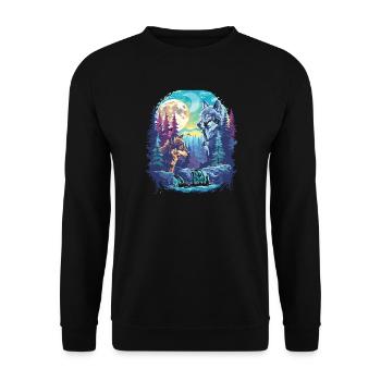 Retro Outdoor Wilderness Bärenbäume - Unisex Pullover - Schwarz - Vorne - Alina (178cm) & Michal (187cm)